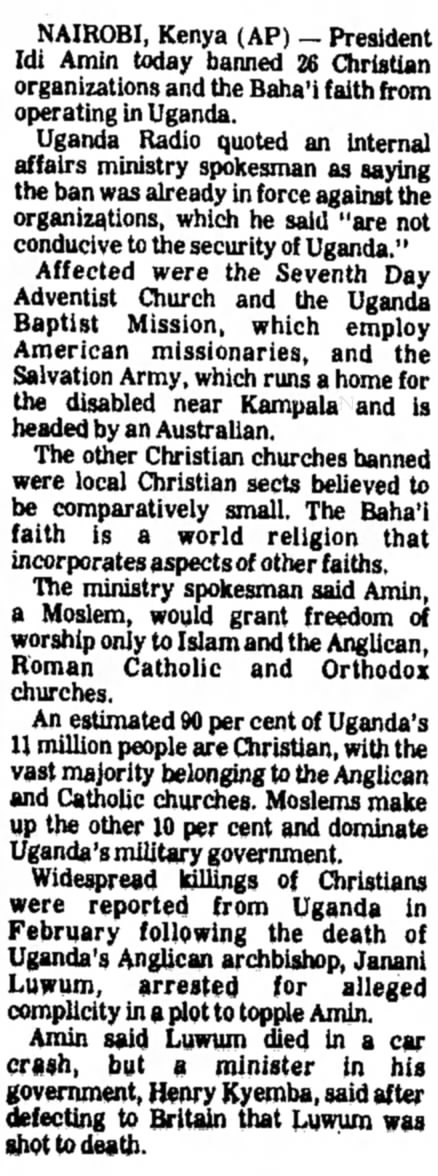 AP story on Idi Amin banning some Christian sects with the Baha'i Faith