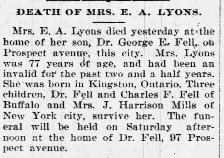 obit of Mrs E. A. Lyons, mother of later Baha'i Mrs. John Harrison Mills