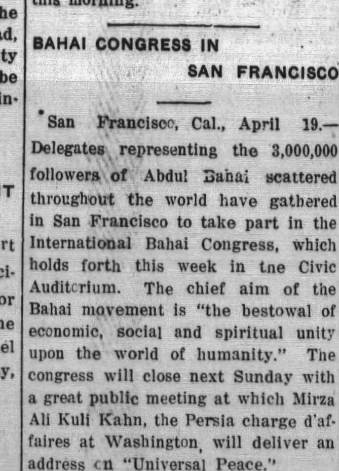 Baha'is gather in SF Exposition for Congress; Ali Kuli Khan