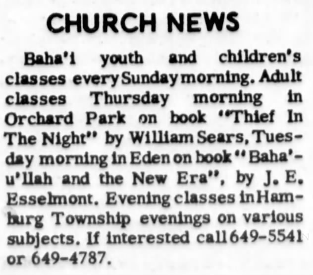 Baha'i classes with Sears' "Thief in the NIght" and Esselmont's "Baha'u'llah and the New Era"