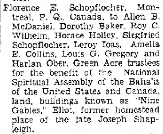 ownership of Nine Gables at Eliot by Baha'i national assembly, former home of Joseph Shapleigh