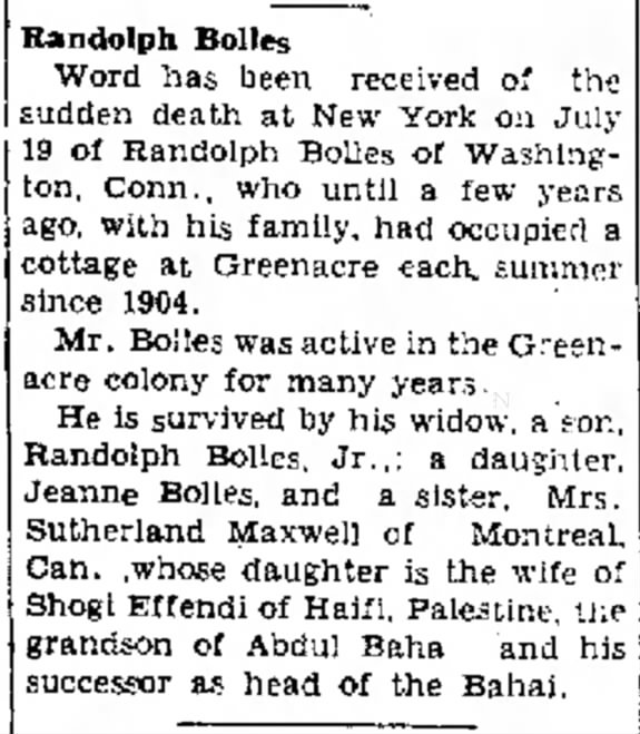 relative of Maxwell Baha'is, Randolph Bolles, active at Green Acre since 1904, obit