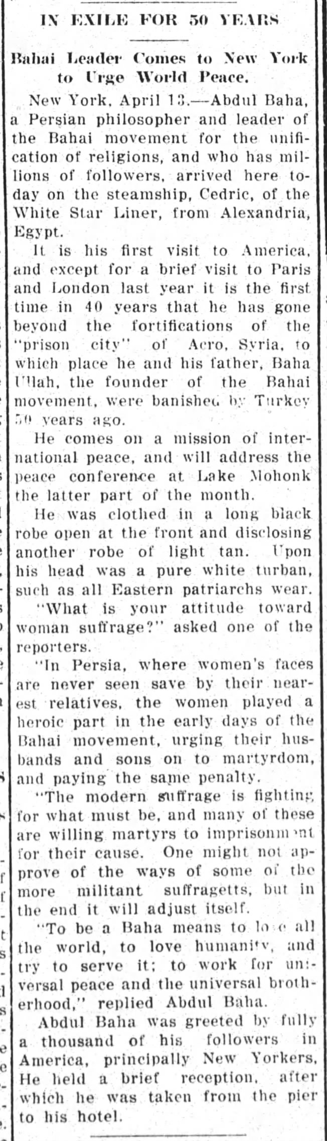 profile of Abdu'l-Baha arriving in US; Mohonk Peace Conference