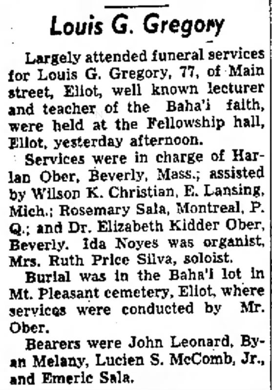 obit of Baha'i Louis Gregory, officiated by Harlan Ober,