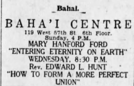 Baha'i Mary Hanford Ford give talks with Rev Edward Hunt