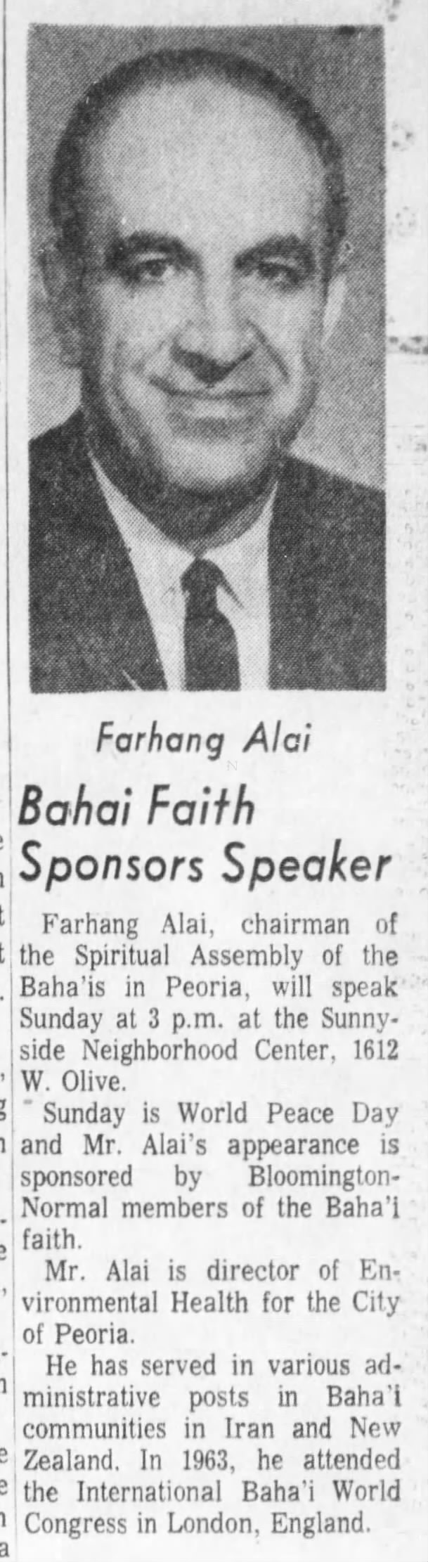 Baha'i Farhang Alai(pictured) talks at observance of World Peace Day