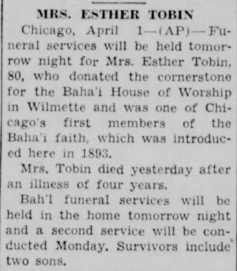 obit of Baha'i Esther Tobin