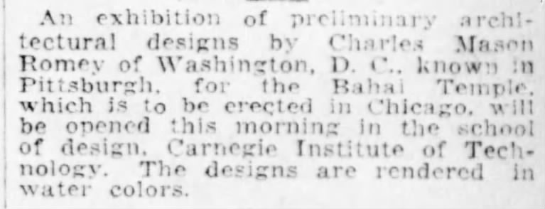 exhibition of designs by Baha'i Charles Mason Remey