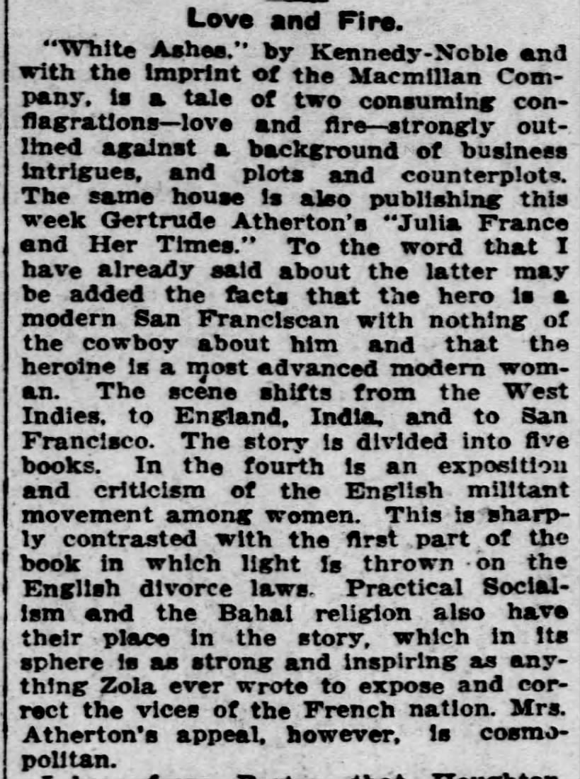 mention of Baha'i Faith in fiction series  "Julia France and her times" by Gertrude Atherton