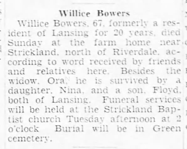 Bowers Willice obit Lansing State Journal Mon Feb 26, 1940 page 10