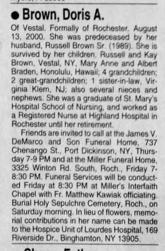 Obituary Doris A. Brown