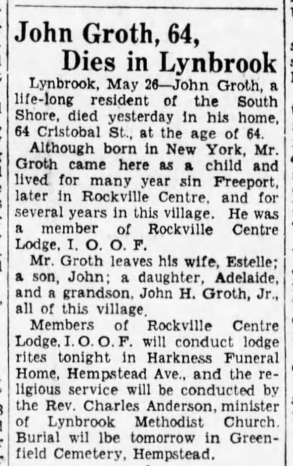 Death of John H Groth husband of Estelle. 26 May 1937 BDE, pg 15