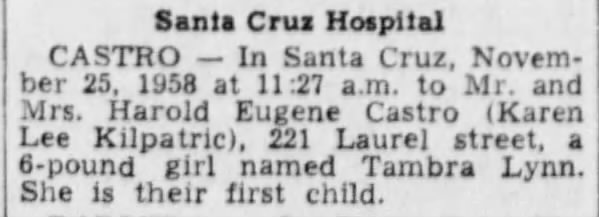 1958 Dec 11 Tambra Lynn Castro Birth Announcement Santa Cruz Sentinel p18