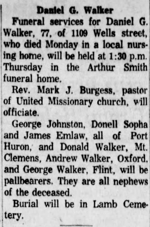 19 Jan 1960 Daniel G Walker Funeral
Port Huron Times Herald