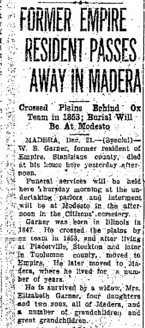 William Baker Garner Obituary Modesto Bee and News-Herald, 21 Dec 1927