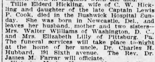 Obituary for Matilda Eldred Cooke Hickling, wife of CW Hickling