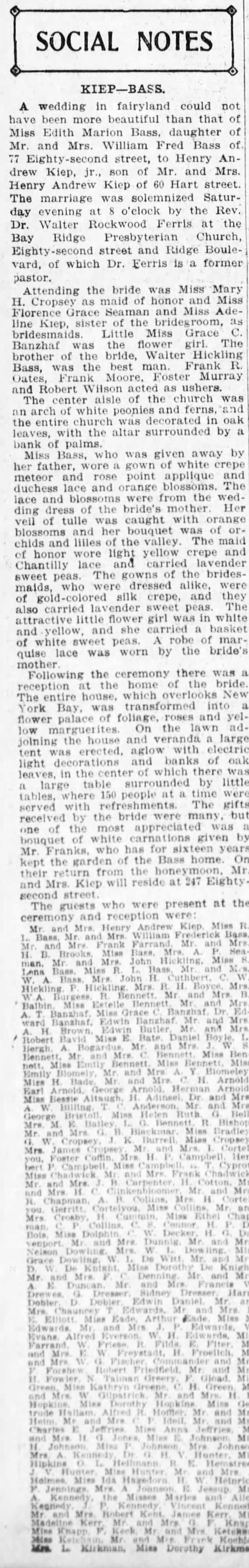 Marriage of Edith Marion Bass to Henry Andrew Kiep, Jr.  part 1