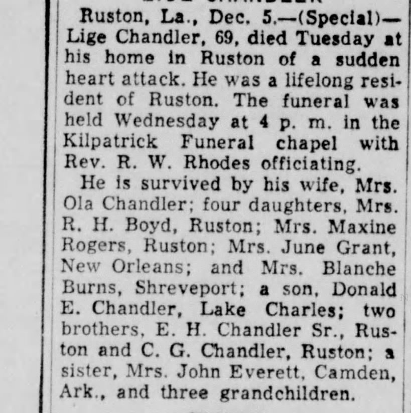 Obit:  Lige Chandler husband of Ola Chandler (sister of Katie Norton)    05-Dec-1951