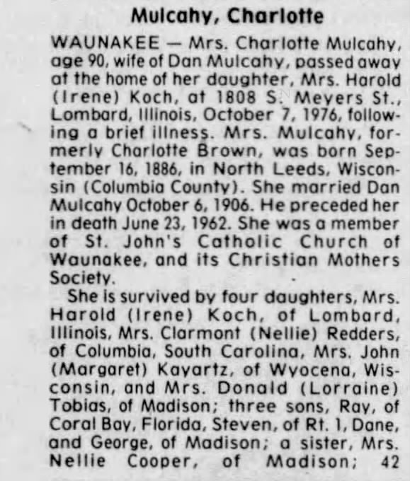 Obituary for Charlotte Mulcahy, 1886-1976 (Aged 90)