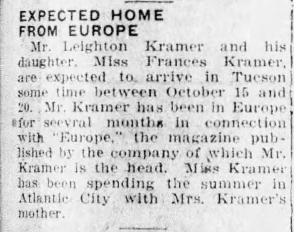 Leighton Kramer, returns from Europe with Frances, Oct 10, 1926