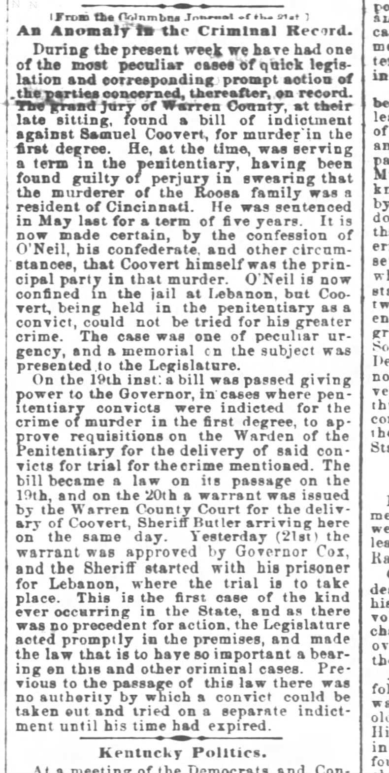 Cincinnati Enquirer
23 February 1866
The bill to get Covert out of penitentiary