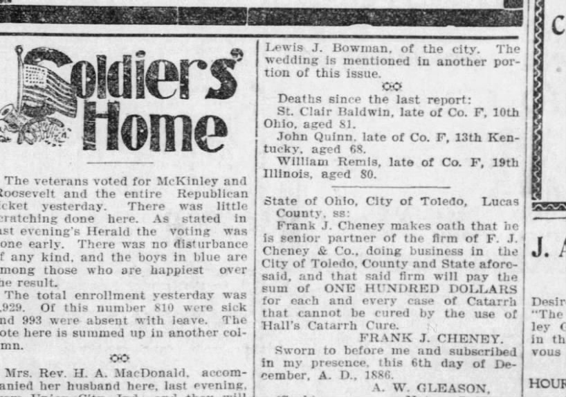 Death Notice in the Dayton Herald 07 Nov 1900, Wed