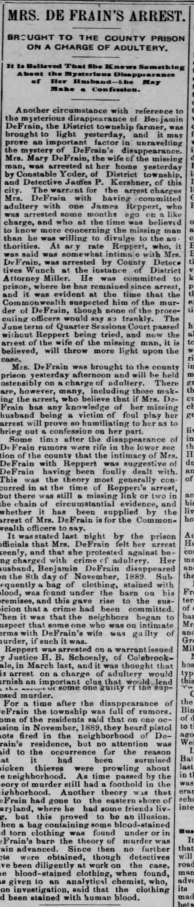 1890 Jul 30 Mrs. DeFrain DeFrane Arrest