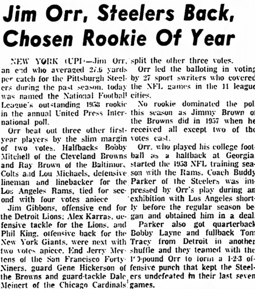 Jim Orr, Steelers Back, Chosen Rookie Of Year