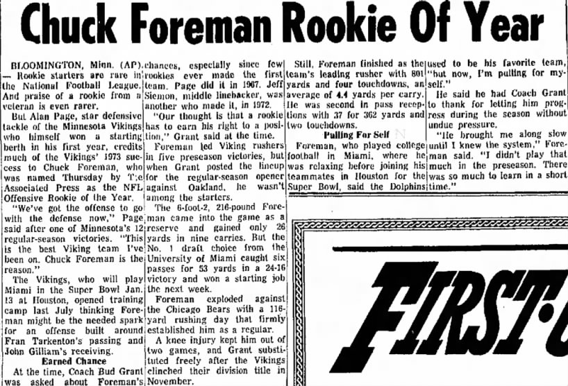 Chuck Foreman Rookie Of Year