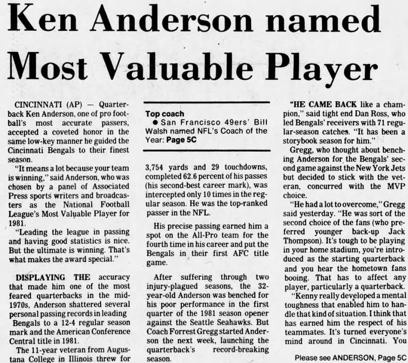 Ken Anderson named Most Valuable Player