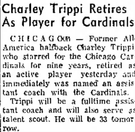 Charley Trippi Retires As Player for Cardinals