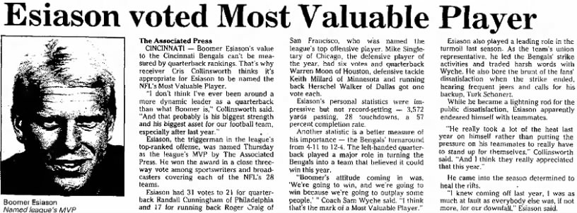 Esiason voted Most Valuable Player