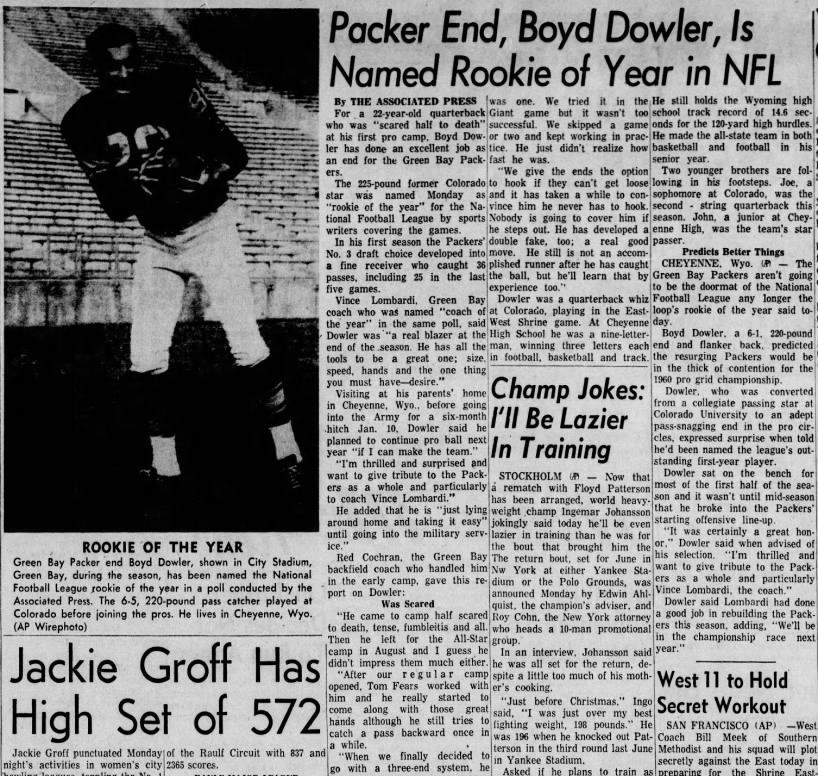 Packer End, Boyd Dowler, Is Named Rookie of Year in NFL
