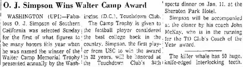 O. J. Simpson Wins Walter Camp Award