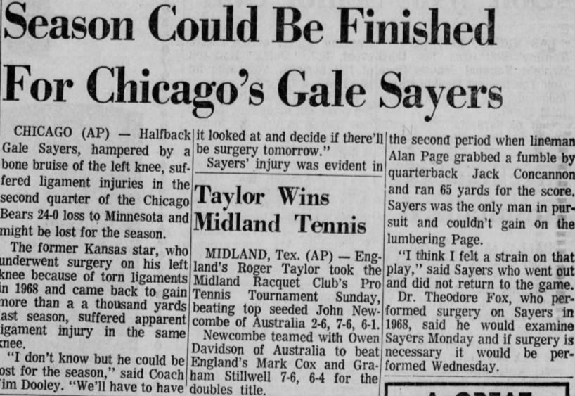 Season Could Be Finished For Chicago's Gale Sayers
