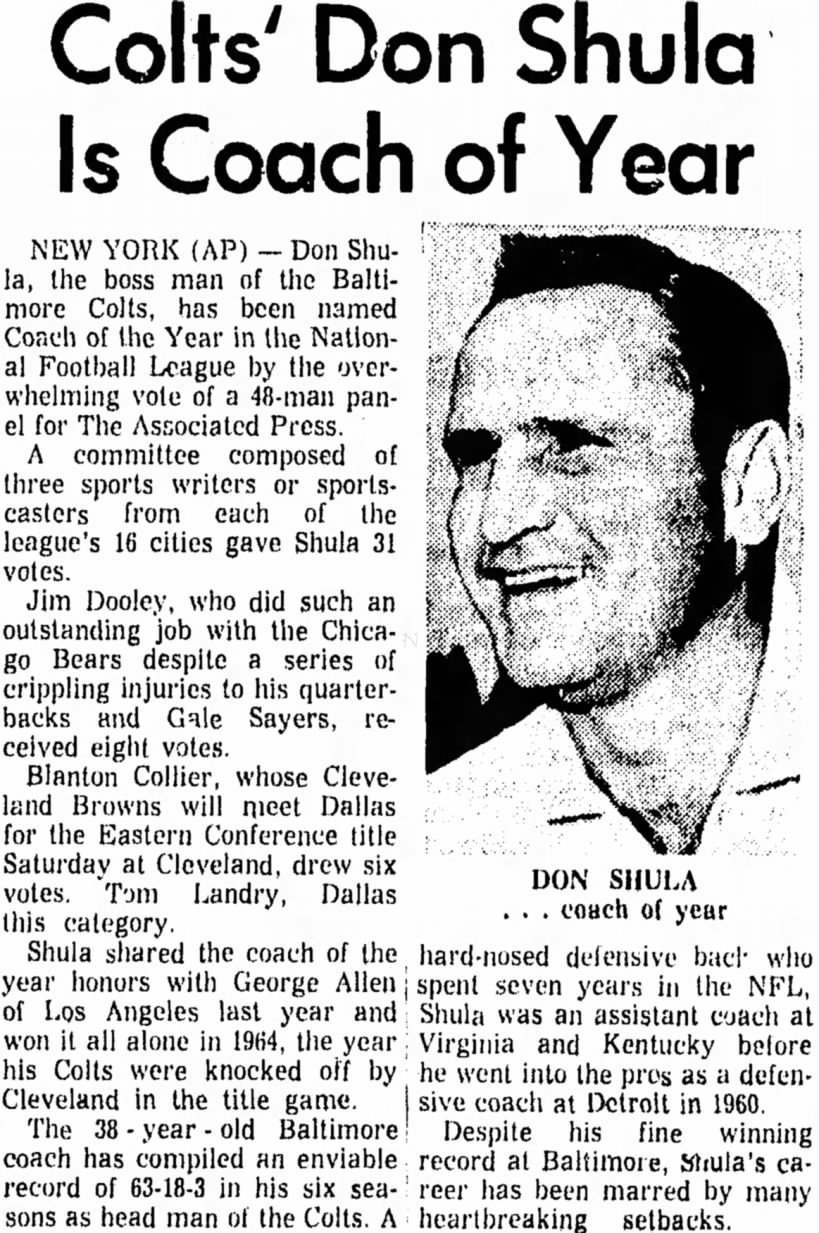 Colts' Don Shula Is Coach of Year