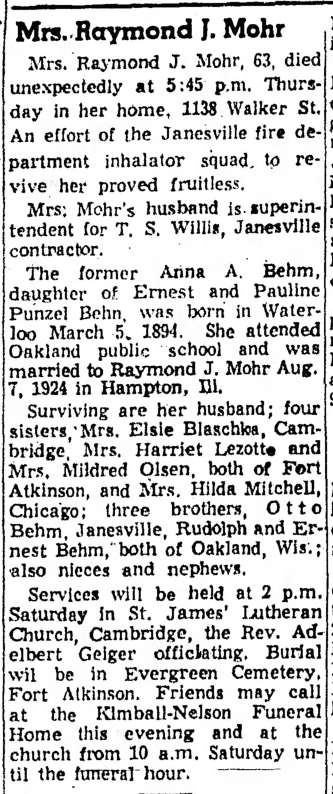 Anna A. Behm aka Mrs. Raymond J. Mohr * Obituary * Janesville, Rock Co., WI