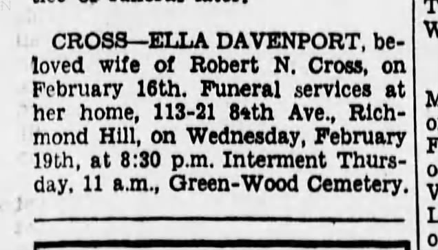 OBIT * Ella Davenport * wife of Robert N. Cross