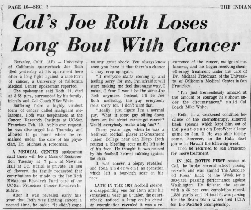 Cal's Joe Roth Loses Long Bout With Cancer