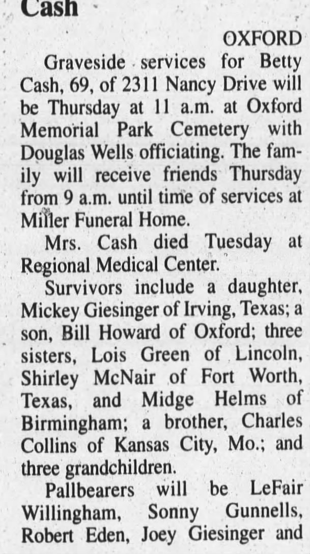 Obituary for Betty Cash