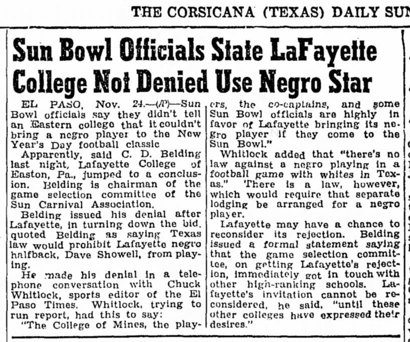 Sun Bowl Officials State LaFayette College Not Denied Use Negro Star
