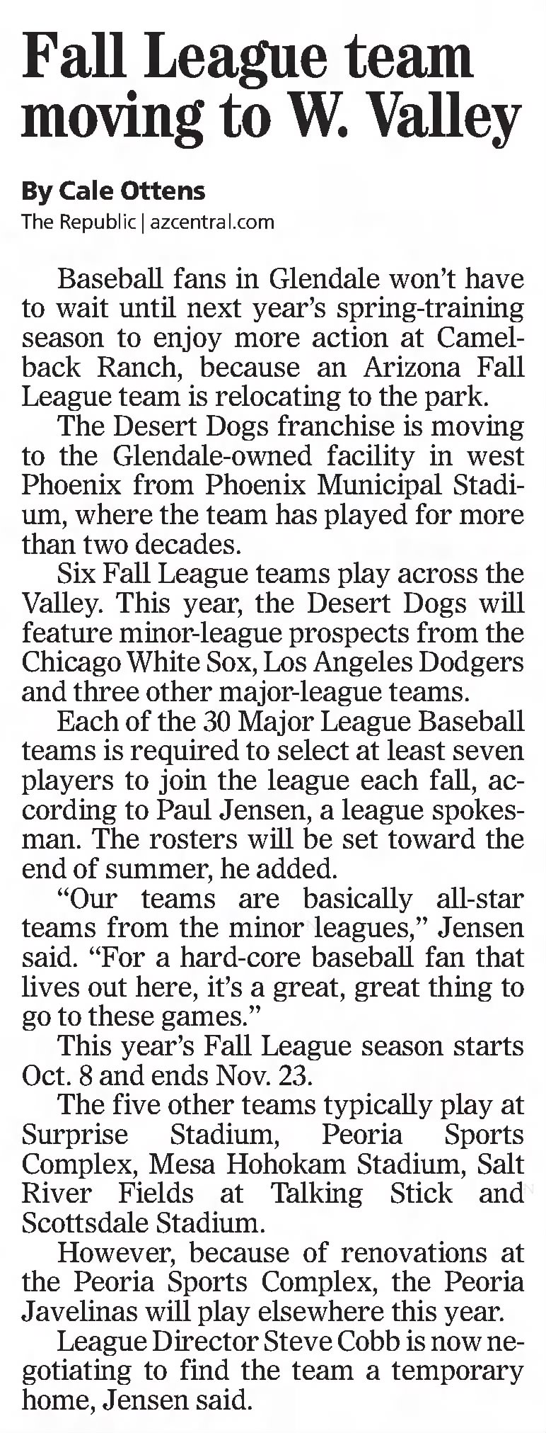 Fall League team moving to W. Valley