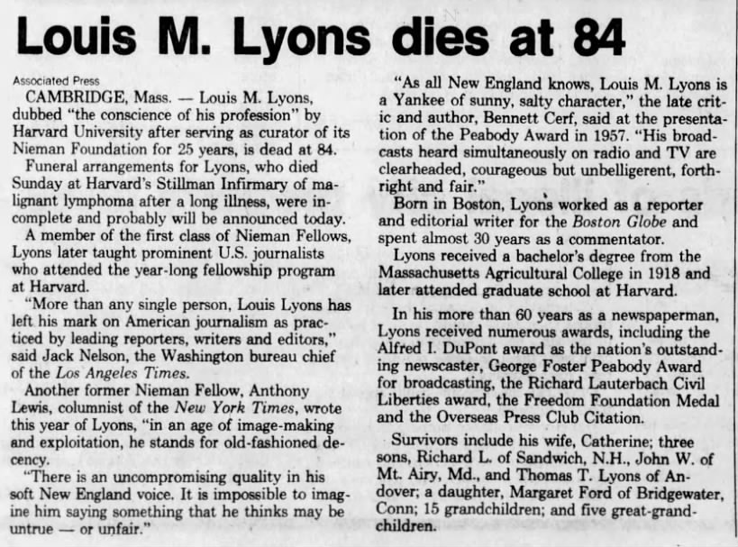 Louis M. Lyons dies at 84
