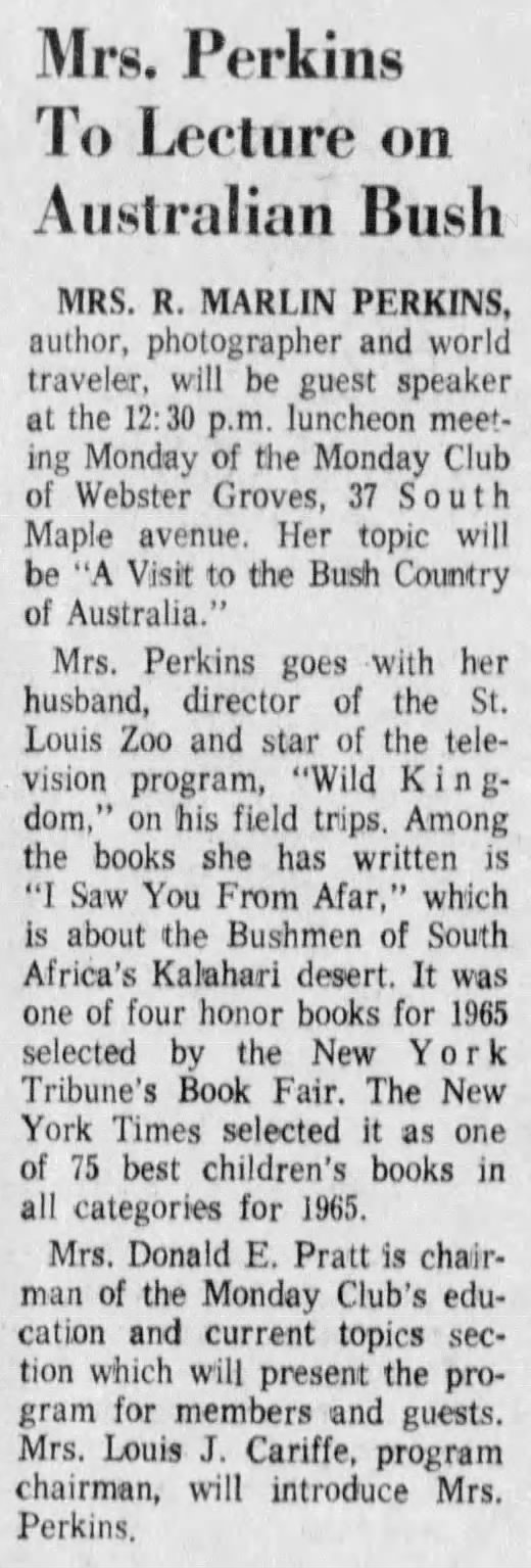 Mrs. Perkins To Lecture on Australian Bush