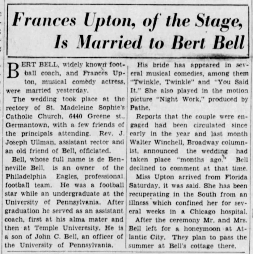 Frances Upton, of the Stage, Is Married to Bert Bell