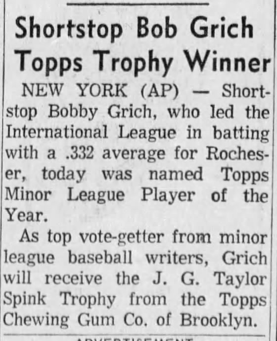 Shortstop Bob Grich Topps Trophy Winner