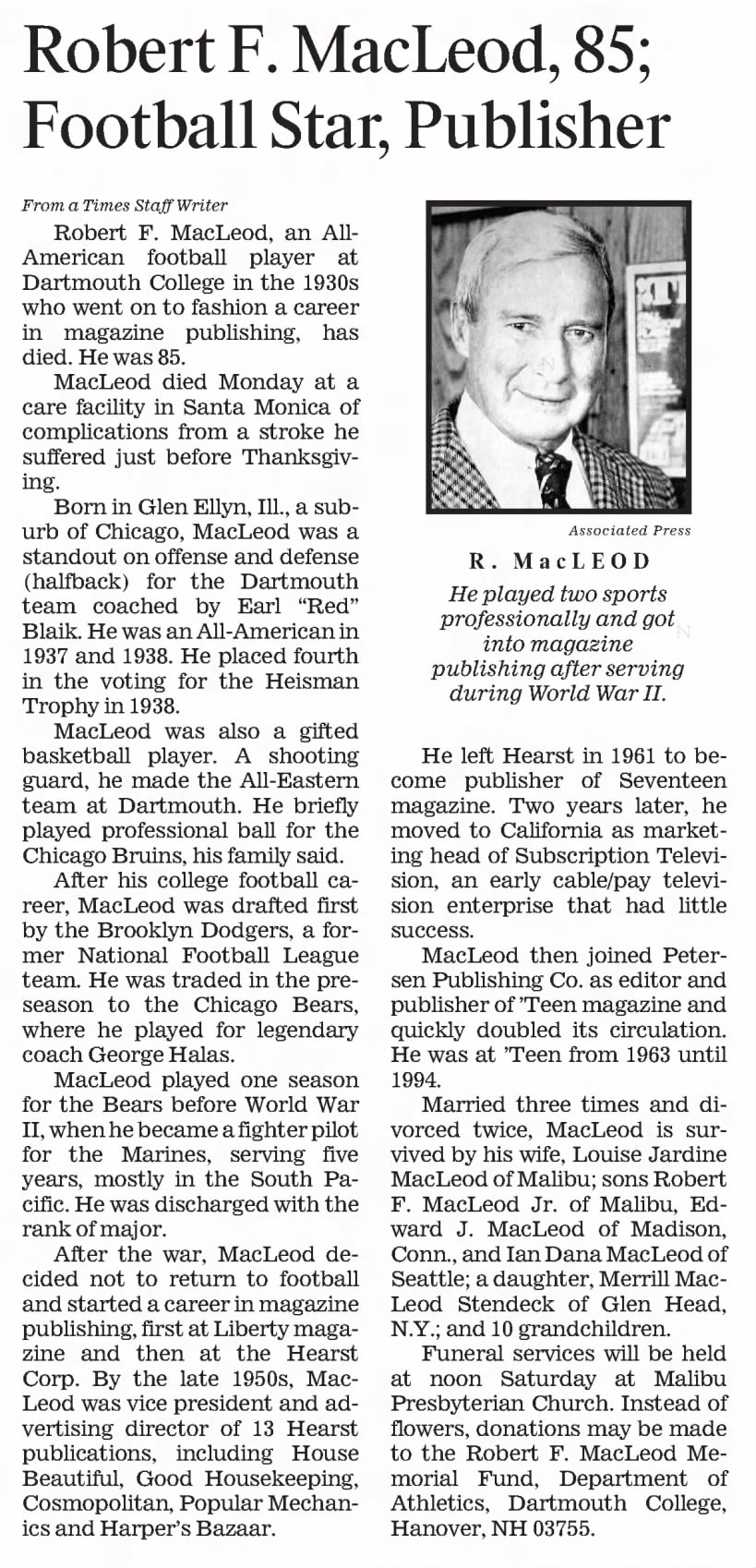 Robert F. MacLeod, 85; Football Star, Publisher