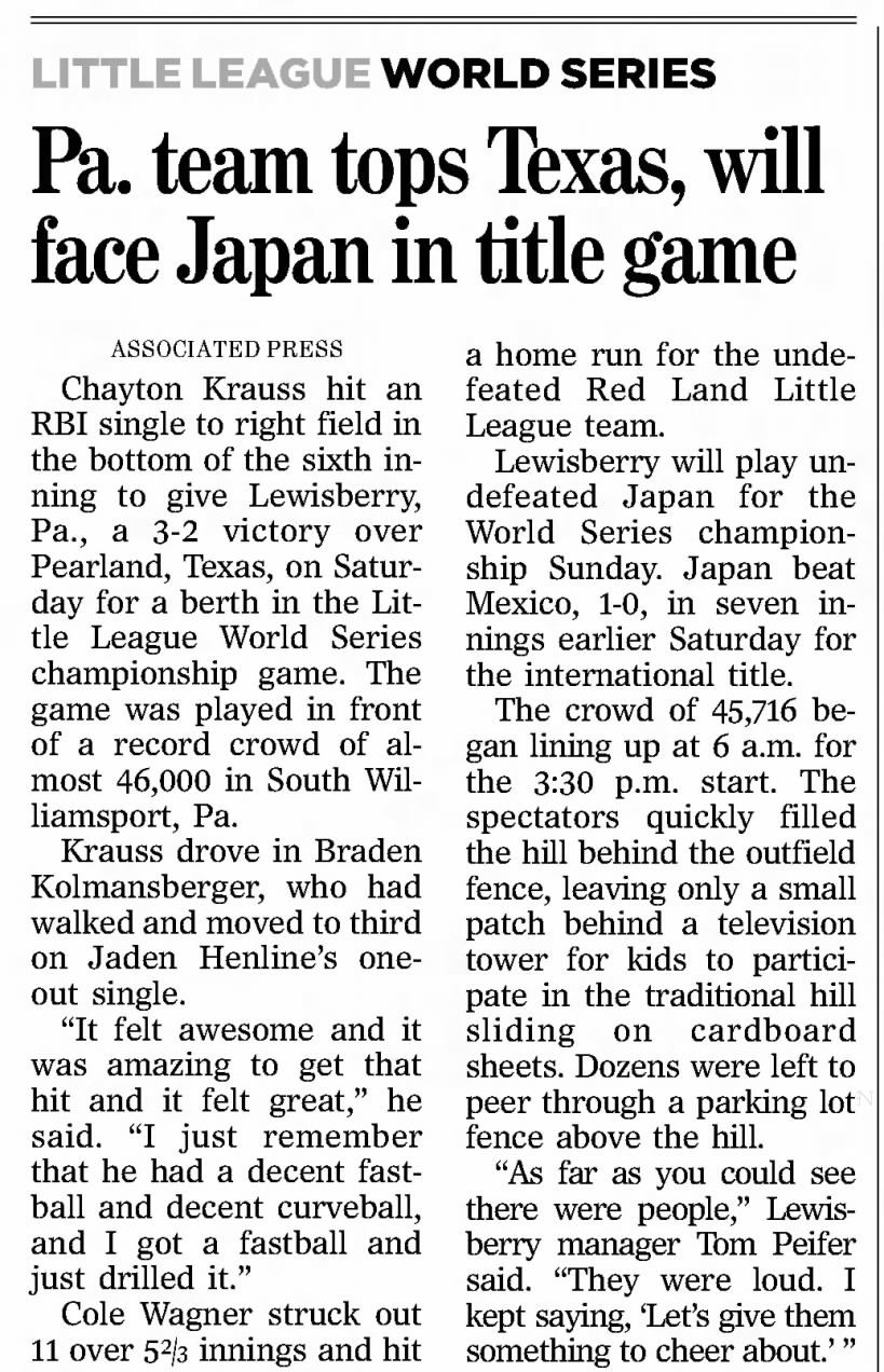 Pa. team tops Texas, will face Japan in title game