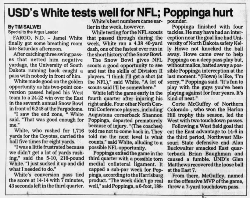 USD's White tests well for NFL; Poppinga hurt