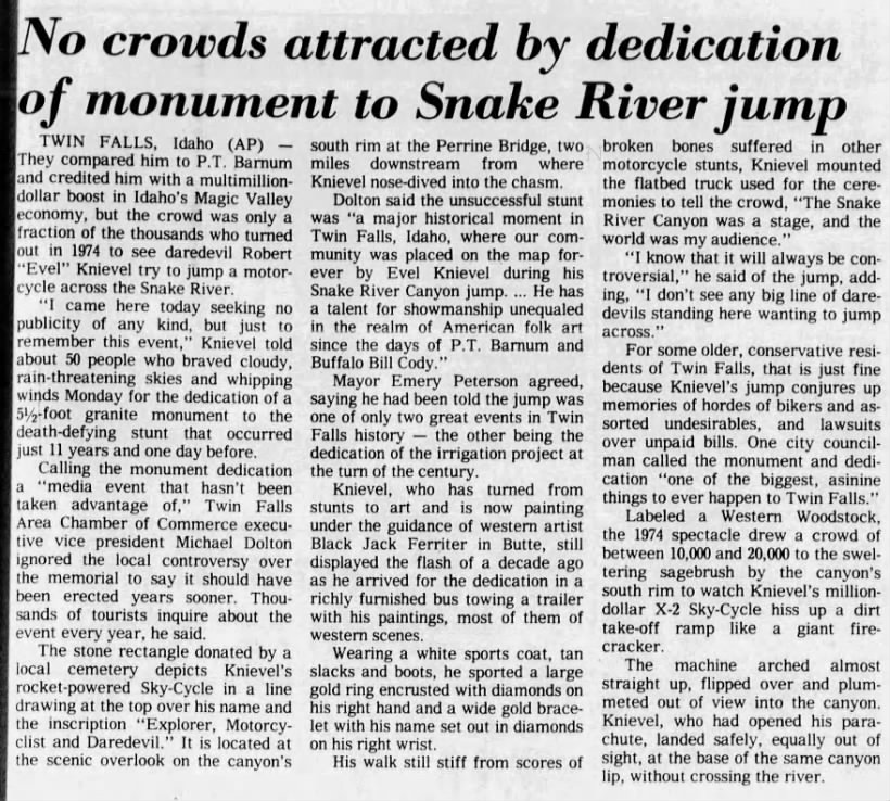 No crowds attracted by dedication of monument to Snake River jump